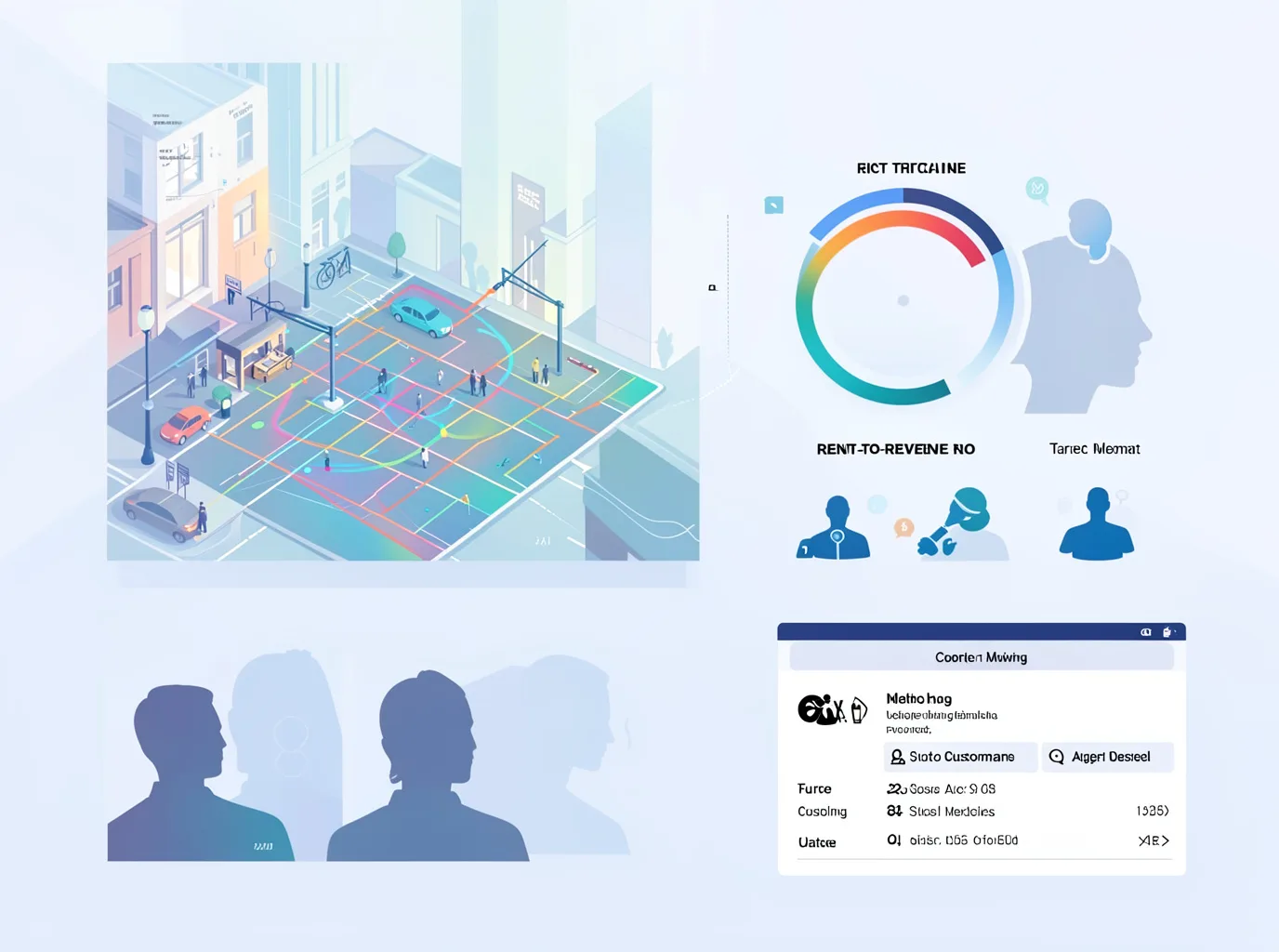 Infographic style illustration of coffee shop location analysis: foot traffic heat map on city street, rent-to-revenue ratio gauge, competitor density icons, target customer profile silhouettes, scori